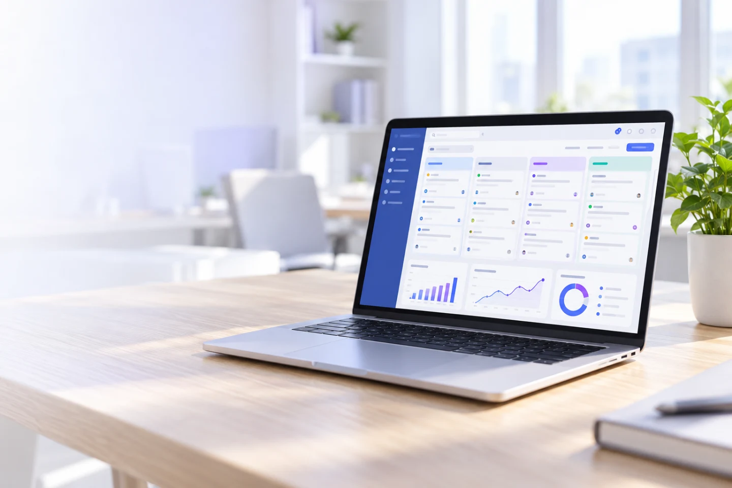 Рабочее место с CRM и аналитикой на экране ноутбука